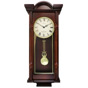 Bedford Clock Collection Grand 31 Inch Chiming Pendulum Wall Clock in Antique Mahogany Cherry Finish