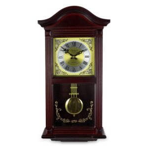 Bedford Clock Collection 22 Inch Wall Clock in Mahogany Cherry Oak Wood with Brass Pendulum and 4 Chimes