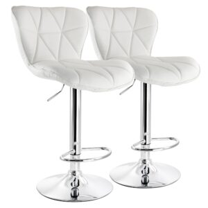 Elama 2 Piece Diamond Tufted Faux Leather Adjustable Bar Stool in White with Chrome Base