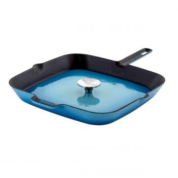 MegaChef 14 Inch Square Enamel Cast Iron Grill Pan with Matching Grill Press in Blue with Press