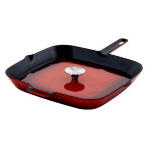 MegaChef 14 Inch Square Enamel Cast Iron Grill Pan with Matching Grill Press in Red with Press