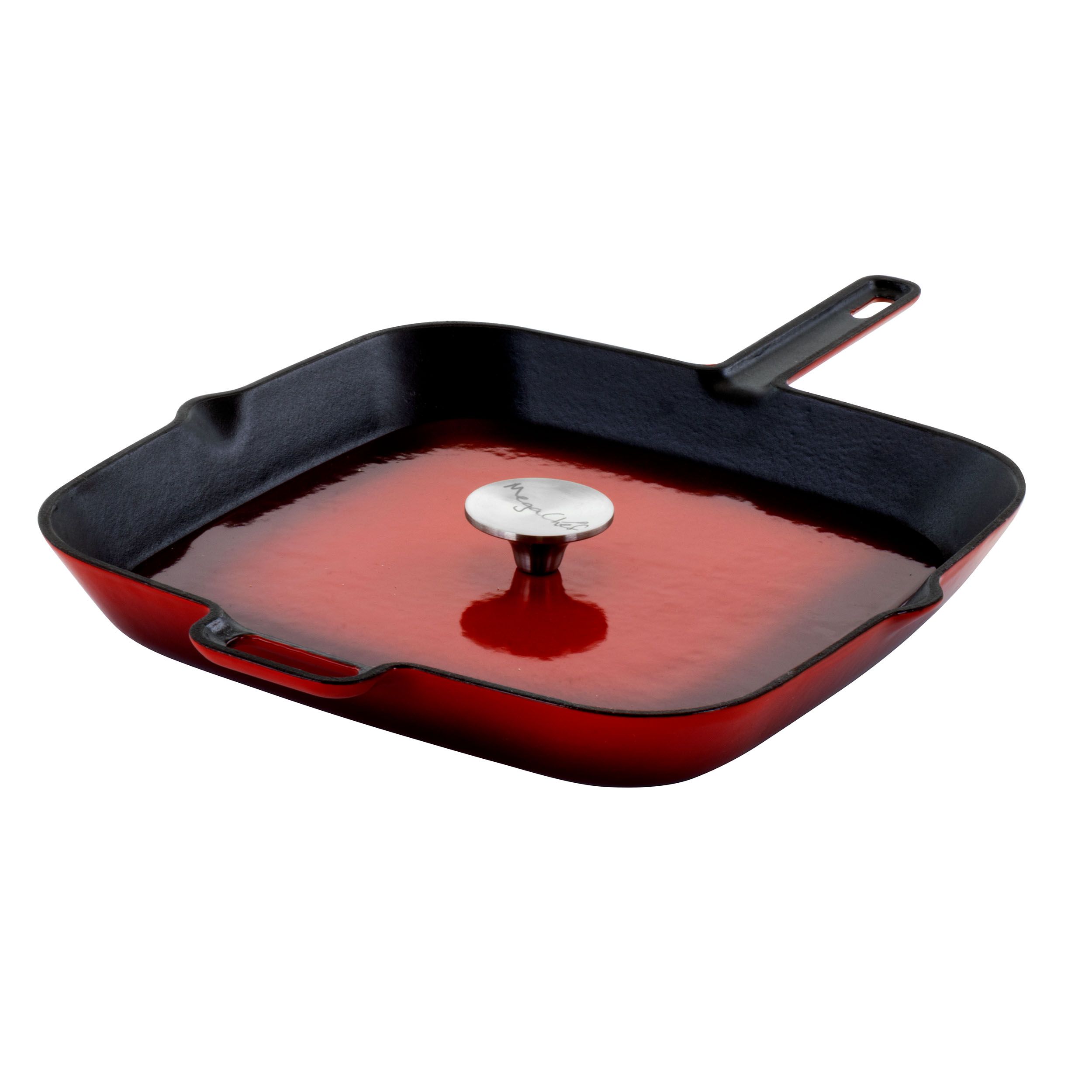 MegaChef 14 Inch Square Enamel Cast Iron Grill Pan with Matching Grill Press in Red with Press