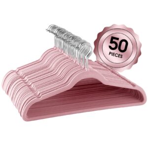 Elama Home 50 Piece Flocked Velvet Clothes Hangers with Stainless Steel Swivel Hooks in Pink