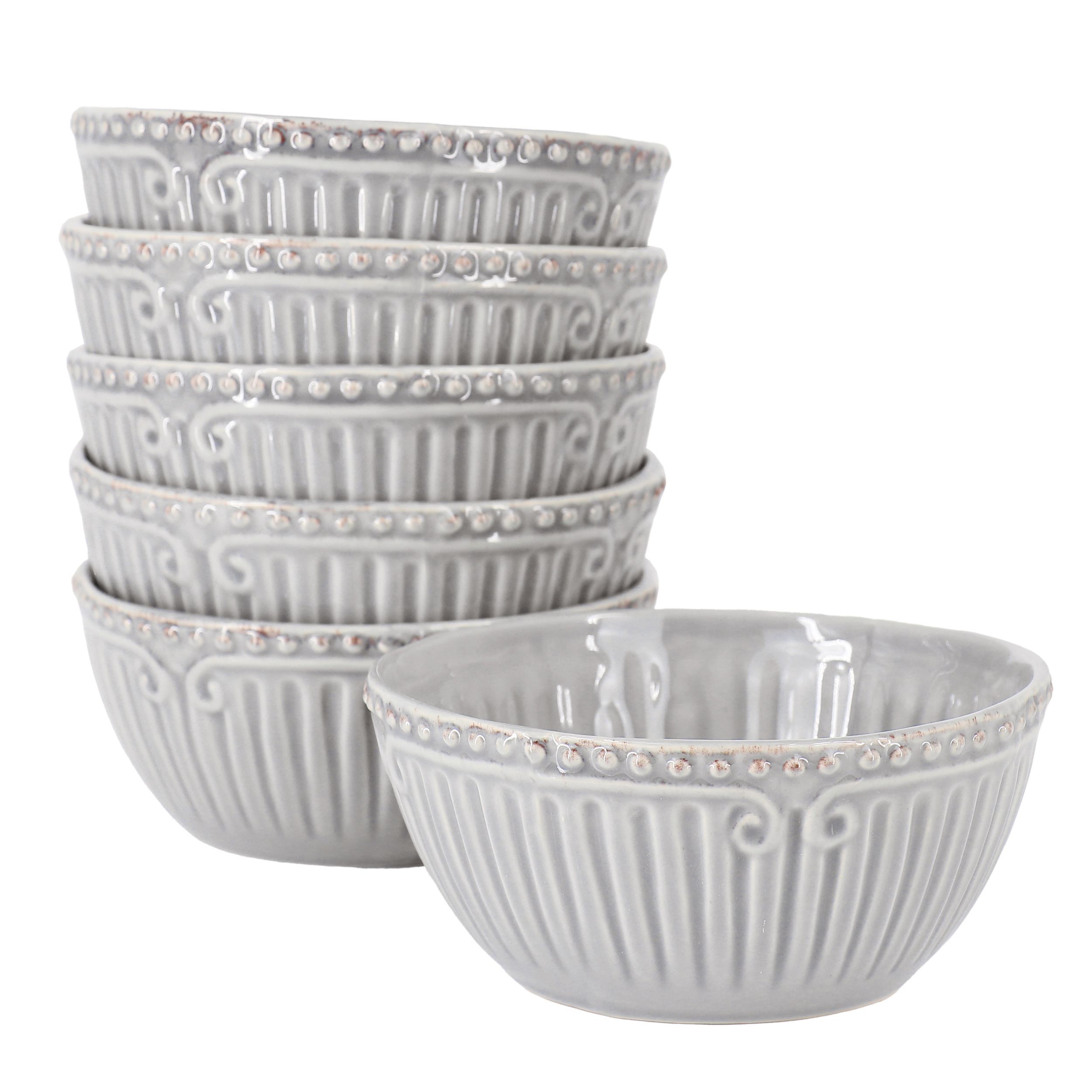 Modern Southern Home Capri 6 Piece 6 Inch Stoneware Embossed Cereal Bowl Set in Grey