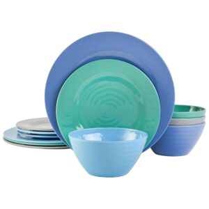 Gibson Home Brela 12 Piece Round Melamine Dinnerware Set in Assorted Blue