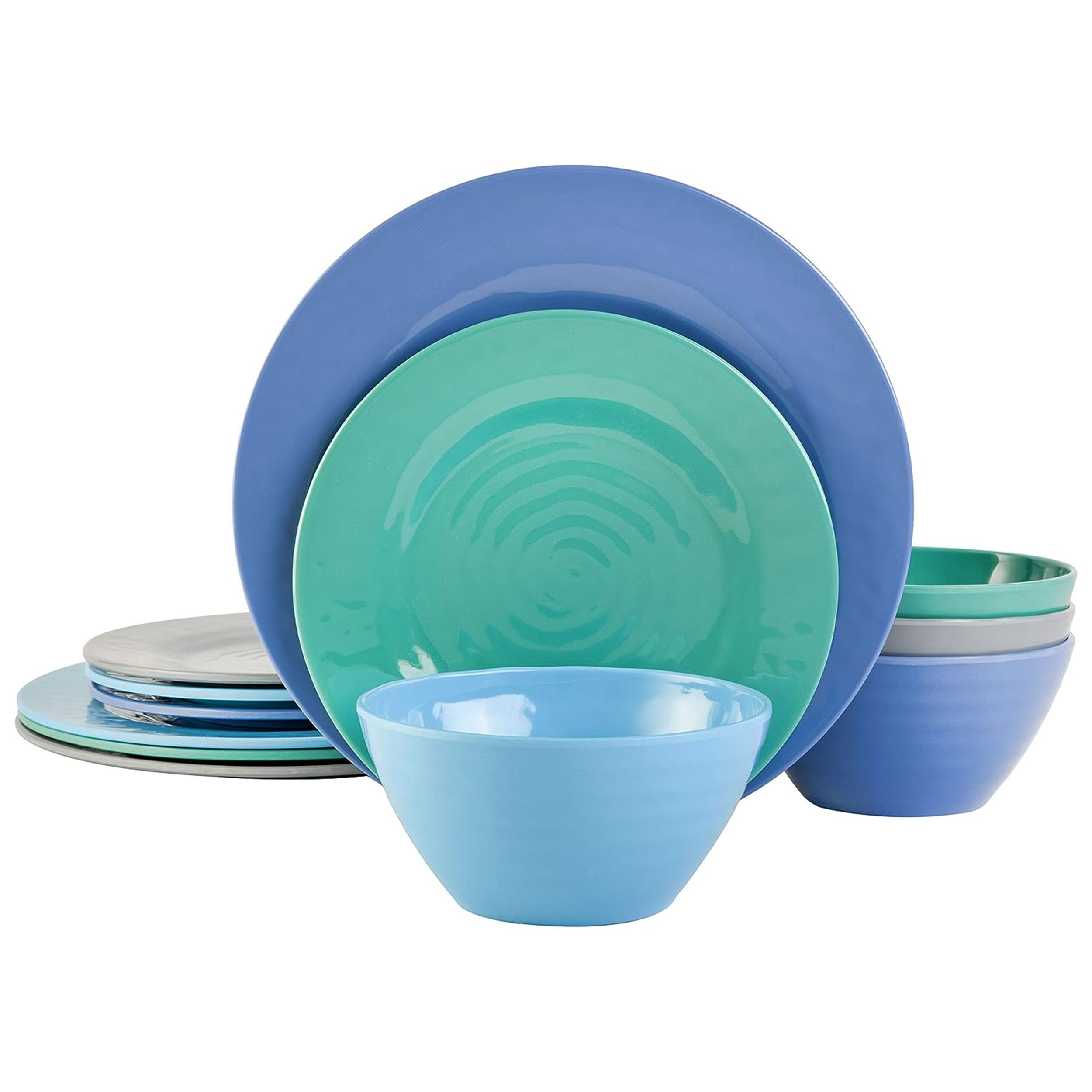 Gibson Home Brela 12 Piece Round Melamine Dinnerware Set in Assorted Blue