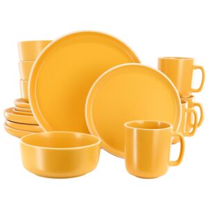 Gibson Home Zuma 16 Piece Round Stoneware Dinnerware Set in Matte Yellow