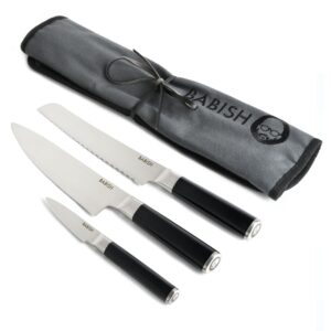 Babish 4 Piece High-Carbon Stainless Steel Knife Set with Knife Roll in Grey