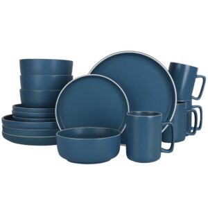 Gap Home 16 Piece Round Stoneware Dinnerware Set in Solid Matte Blue