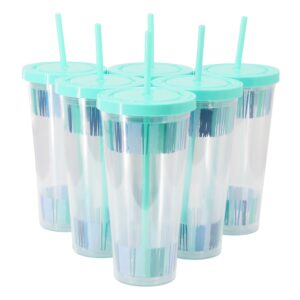 Gibson Home Tropical Sway Orleans 6 Pc 24 Oz Double Wall Plastic Tumbler Set with Lid & Straw in Blue