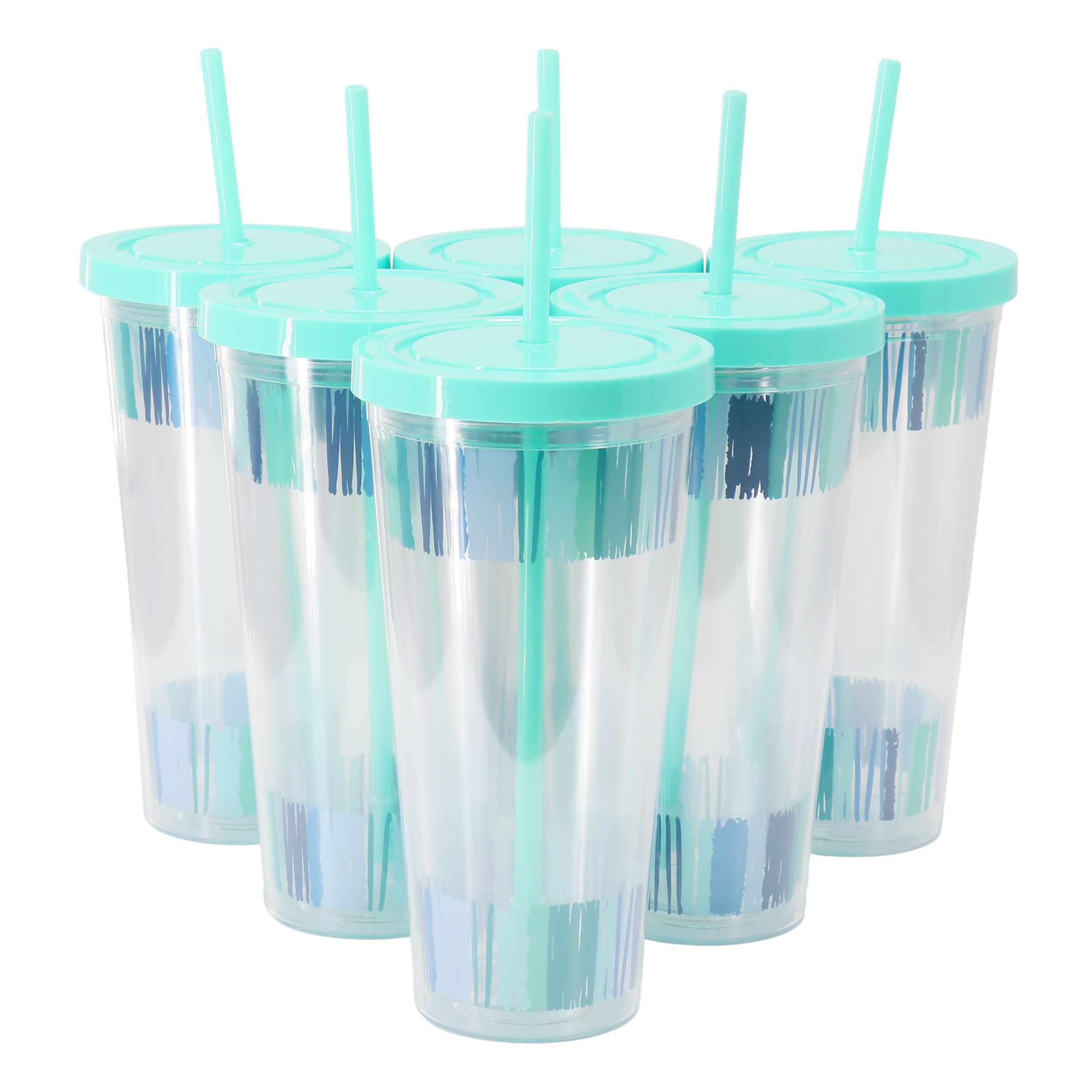 Gibson Home Tropical Sway Orleans 6 Pc 24 Oz Double Wall Plastic Tumbler Set with Lid & Straw in Blue