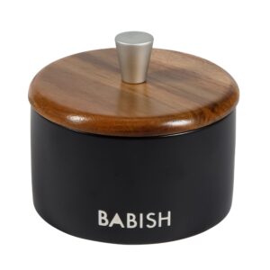 Babish 9 Ounce Round Stoneware Salt Cellar with Acacia Wood Lid in Black