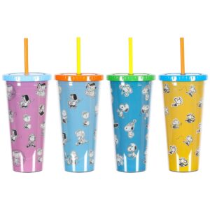 Peanuts 70th Anniversary 4 Piece Plastic 23.6oz Assorted Tumbler Set with Lid and Straw