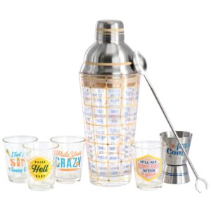 Wanda June Home Bordertown Buzz 7 Piece Glass Bar Collection with Drink Recipe Shaker Set in Tan