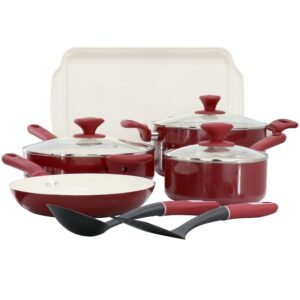 Spice By Tia Mowry 10 Piece Ceramic Nonstick Aluminum Cookware Set in Magenta