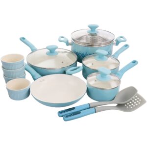 Spice by Tia Mowry Savory Saffron 16 Piece Ceramic Nonstick Cookware Set in Blue