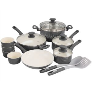 Spice by Tia Mowry Savory Saffron 16 Piece Ceramic Nonstick Cookware Set in Grey