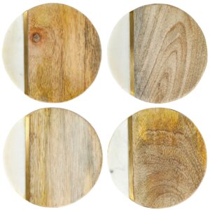Laurie Gates White Marble and Mango Wood Round 4 Piece Coaster Set