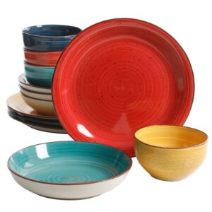 Gibson Color Speckle 12 Piece Mix and Match Double Bowl Dinnerware Set in 4 Assorted Colors