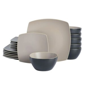 Gibson Soho Lounge 18 Piece Soft Square Stoneware Dinnerware Set in Matte Taupe
