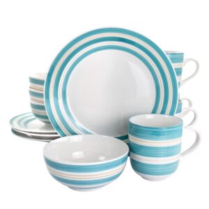 Gibson Home Sunset Stripes 12 Piece Round Fine Ceramic Dinnerware Set in Blue