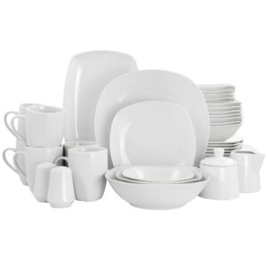 Gibson Home Classic Pearl Fine Ceramic 39 Piece Soft Square Dinnerware Combo Set in White