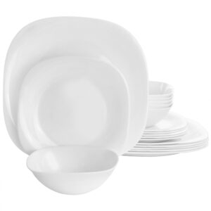 Gibson Ultra Piazza 18 Piece Soft Square Tempered Opal Glass Dinnerware Set in White