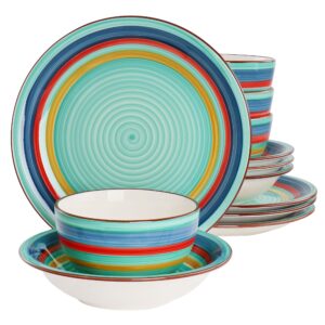 Gibson Home Rainbow 12 Piece Stoneware Dinnerware Set in Green Multi