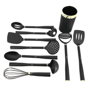 Gibson Home Hampsbridge 10 Piece Nylon Kitchen Tool Set and Utensil Crock in Black and Gold