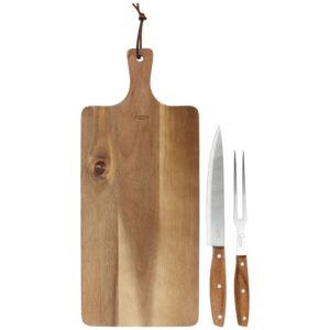Gibson Elite 3 Piece Acacia Wood Serving Board with Carving Knife and Fork in Brown