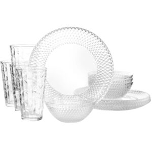 Gibson Home Clearview Diamond 12 Piece Embossed Glass Dinnerware Set