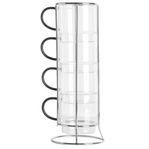 Soho Lounge 4 Piece 16 Ounce Stackable Glass Mugs With Metal Rack