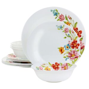 Gibson Ultra Blooming Rose 12 Piece Tempered Opal Glass Dinnerware Set