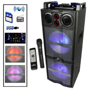 beFree Sound Double 10 Inch Subwoofer Bluetooth Portable Party Speaker with Reactive Lights,  USB/ SD Input, FM Radio, Remote Control and  Microphone