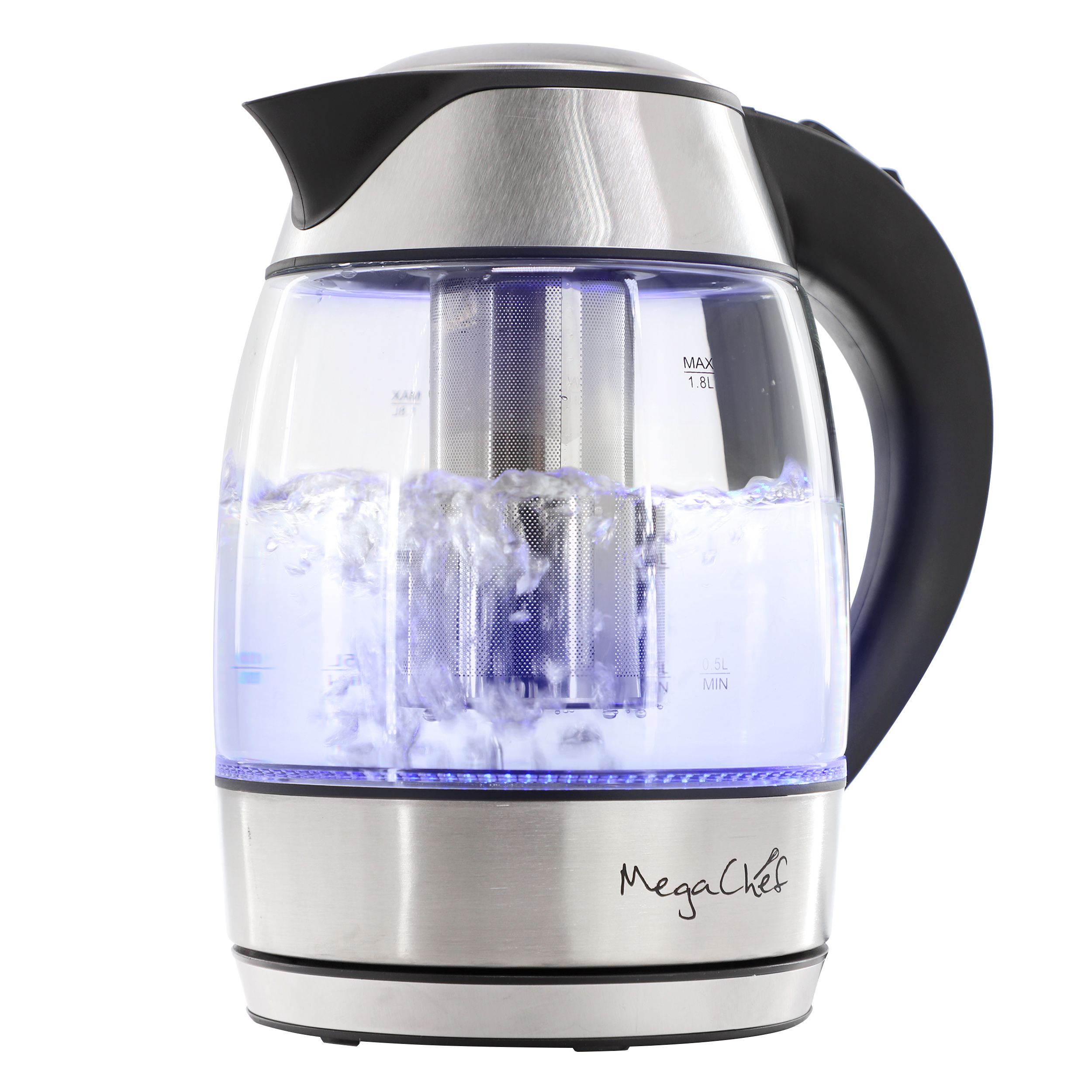 MegaChef 1.8Lt. Glass Body and Stainless Steel Electric Tea Kettle with Tea Infuser